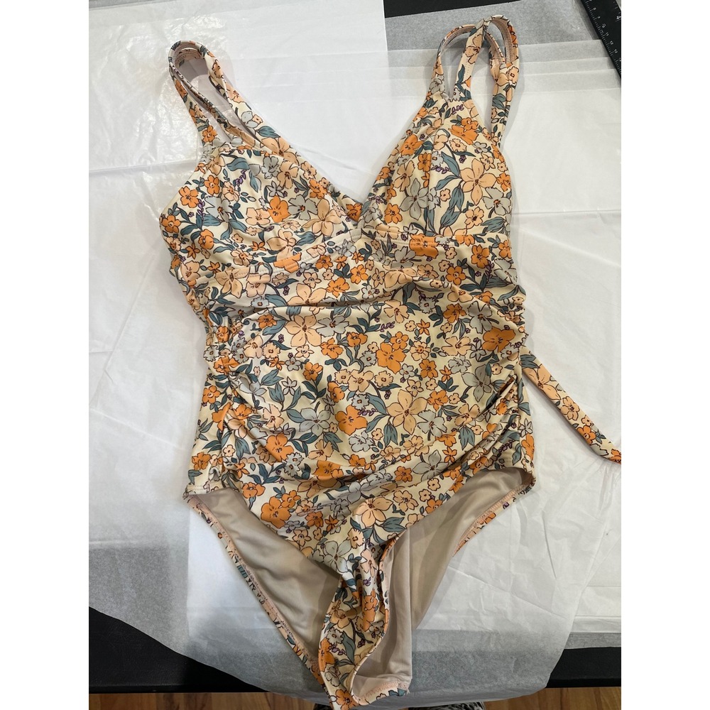 Cupshe Floral V-Neck Ruched One Piece Swimsuit Orange Yellow Blue Medium NEW